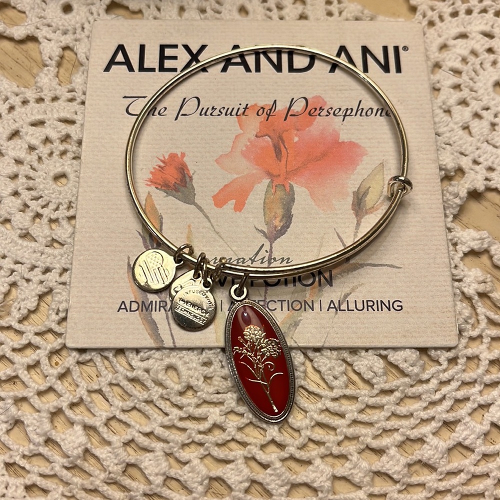 Alex and Ani bracelet with a Carnation charm
